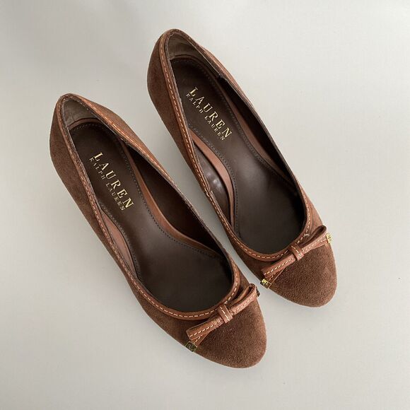 Lauren Ralph Lauren Wedge 9.5B Brown Suede Almond Toe Bow Front - Picture 11 of 12